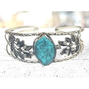 925 Silver Plated Turquoise Plant Bangle Cuff Bracelet Gemstone Handmade